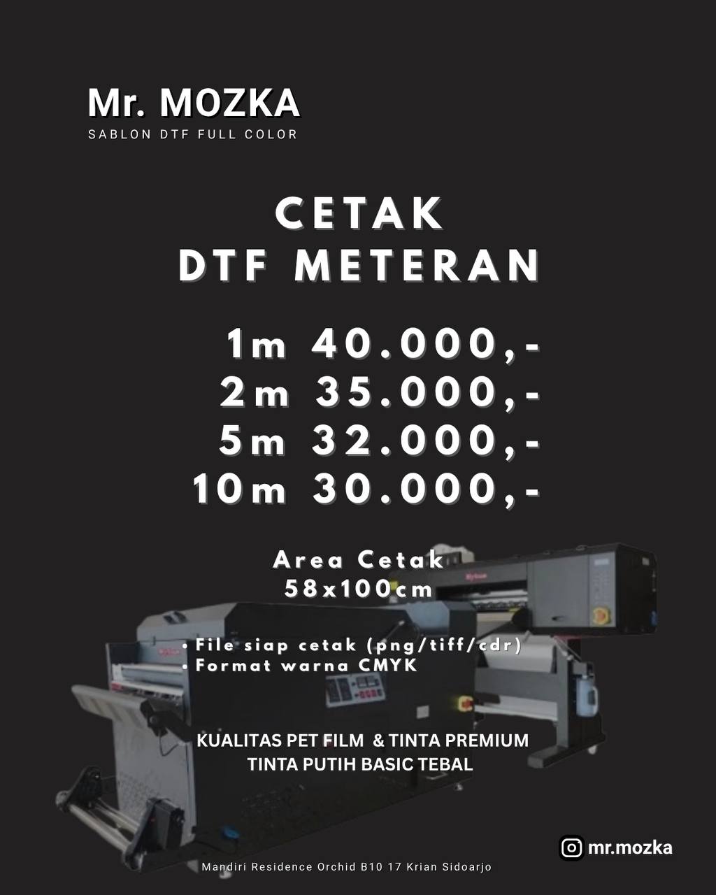 Pricelist Cetak DTF Meteran – 1m 40rb, 2m 35rb, 5m 32rb, 10m 30rb. Area cetak 58x100cm