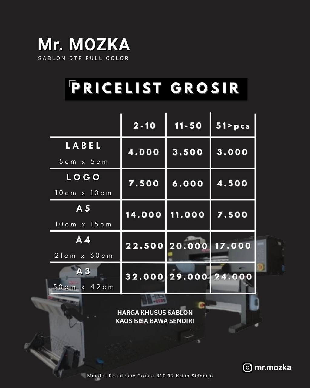 Pricelist Grosir: tabel harga kuantitas untuk Label, Logo, A5, A4, A3