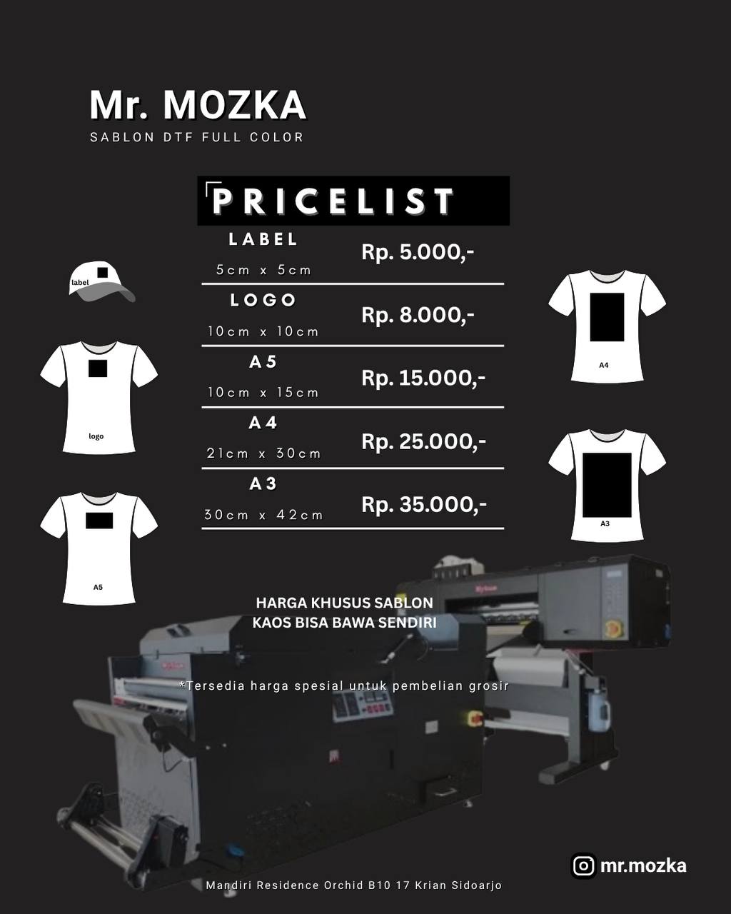 Pricelist Satuan: Label 5×5cm Rp5.000, Logo 10×10cm Rp8.000, A5 Rp15.000, A4 Rp25.000, A3 Rp35.000